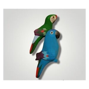 Gloria Dios Costa Rica Hand Painted Clay Parrot Macaw Figurine Wall Art Set of 2